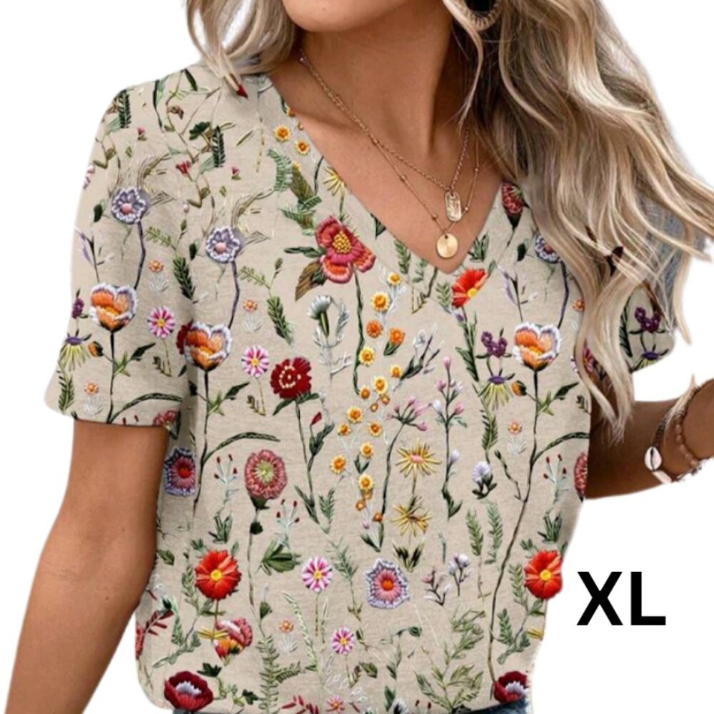 Floral V-Neck Blouse with Short Sleeves